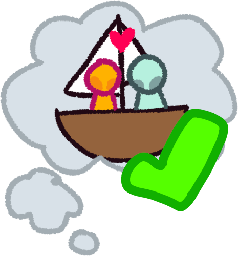  a grey thought bubble having a sailboat with a yellow and light blue person inside and a heart on top of them. In front of the thought bubble is a green checkmark.